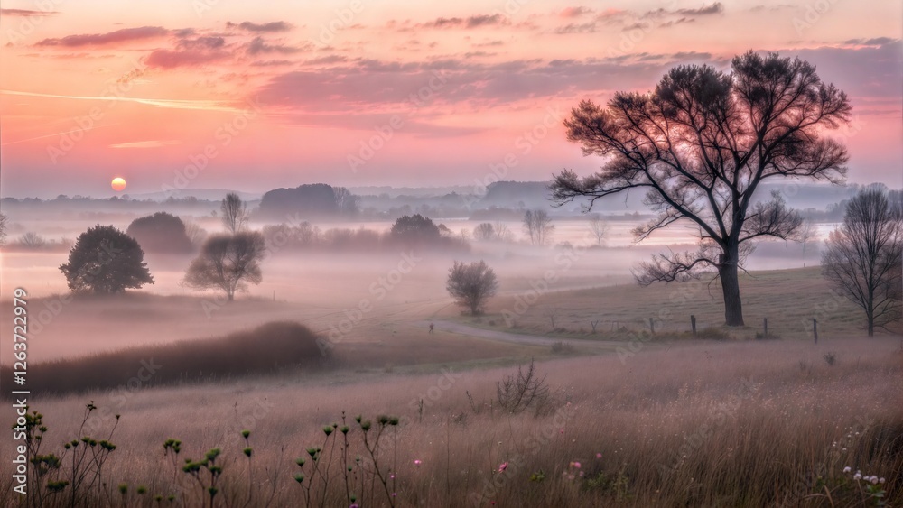 Obraz premium Serene landscape with a lone tree at sunrise amidst misty fields and colorful skies
