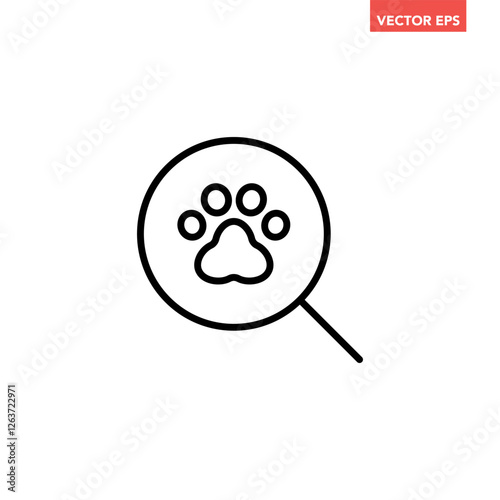Black single pet search line icon. Simple search for missing pets flat design vector pictogram, infographic vector for app logo web button banner ui ux interface elements isolated on white background