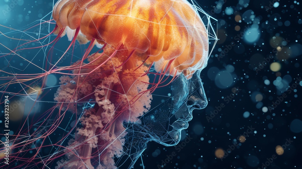A vibrant digital artwork merging a jellyfish and a human profile, showcasing a glowing orange head with intricate neural-like patterns. AI generated.