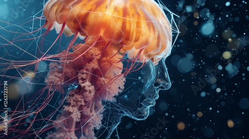Obraz na płótnie A vibrant digital artwork merging a jellyfish and a human profile, showcasing a glowing orange head with intricate neural-like patterns. AI generated. w salonie