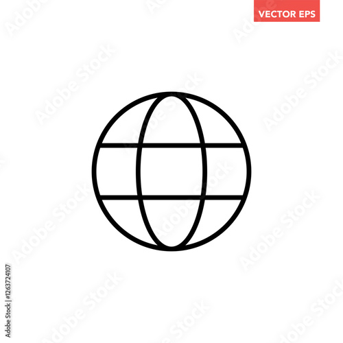 Black single round globe line icon, icon, simple global flat design pictogram concept for app ads logo web banner button ui ux interface elements, vector isolated on white background
