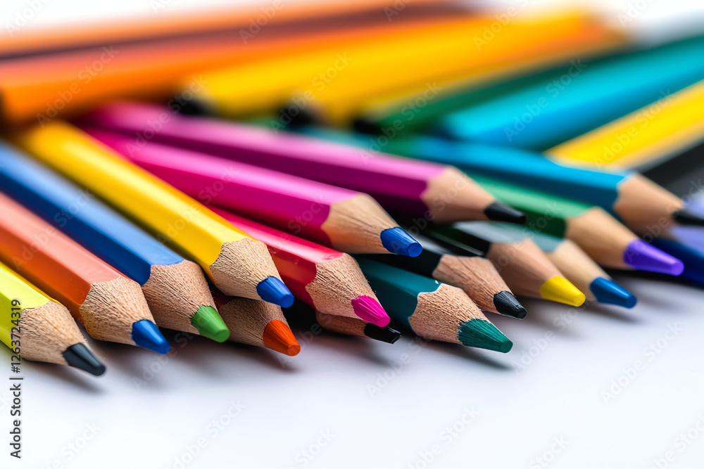 Colorful pencils arranged in vibrant display, showcasing various shades and tips. Perfect for art, creativity, and education