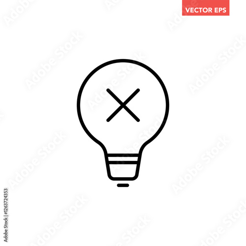 Single black wrong idea line icon, simple lightbulb with cross mark flat design illustration pictogram, infographic vector for app web banner button ui interface elements isolated on white background