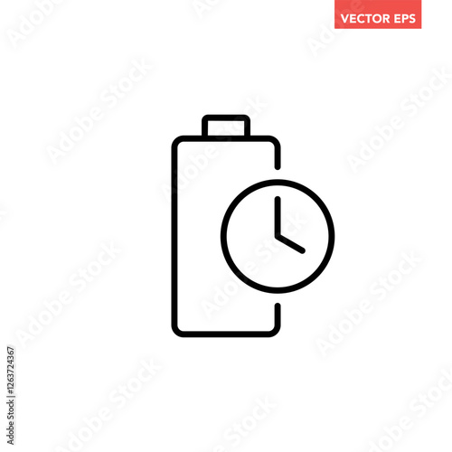 Black single long battery life line icon, simple battery time sync outline flat design vector pictogram, infographic interface elements for app logo web button ui ux isolated on white background