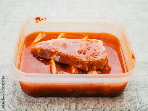 Plastic container with marinated pork chops on a light color table cloth surface. Meat in spicy red oriental souse. Food preparation.