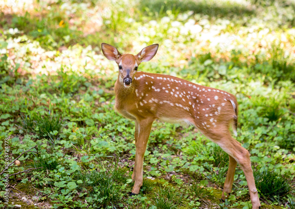 A young White-tailed Deer fawn standing in the grass A young White-tailed Deer fawn standing in the grass