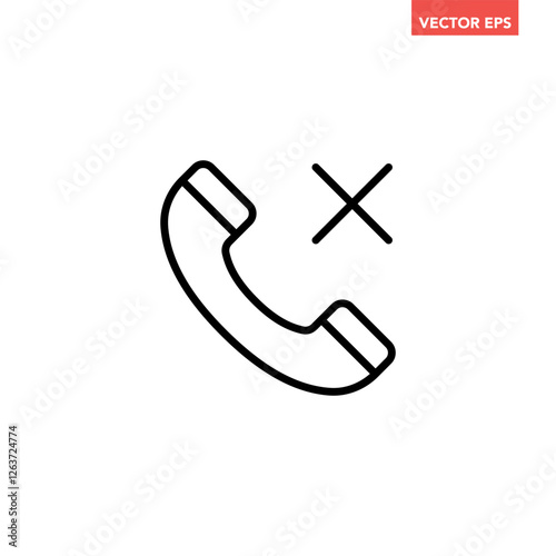 Black single disconnected call line icon, simple cancel or missed phone flat design pictogram vector for app logo ads web button ui ux interface elements isolated on white background