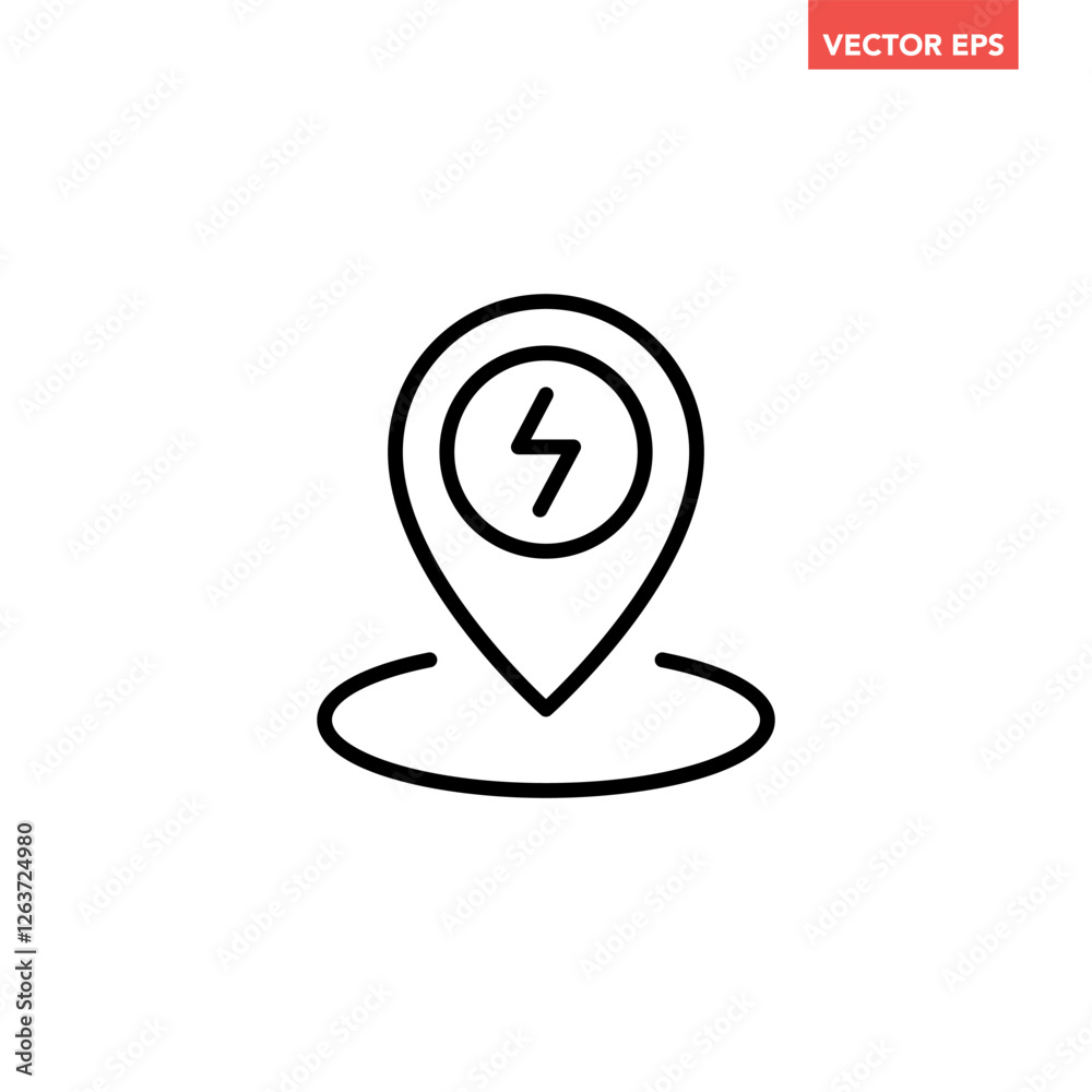 Single black electric station pin line icon, simple charging point flat design vector pictogram, infographic interface elements for app logo web button ui ux isolated on white background Single black electric station pin line icon, simple charging point flat design vector pictogram, infographic interface elements for app logo web button ui ux isolated on white background