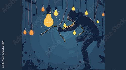 Intellectual Property Theft and Plagiarism Concept with Thief Stealing Light Bulb Idea