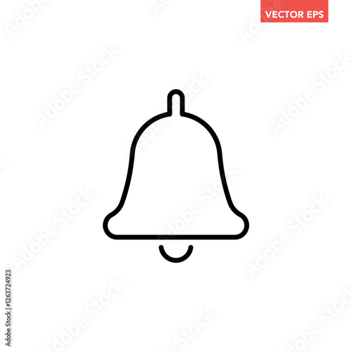 Black single notification bell line icon, simple ringing bell flat design pictogram vector for app logo ads web webpage button ui ux interface elements isolated on white background