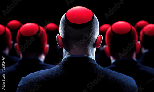 Abstract representation of human figures with circular red headpieces in a dark environment, emphasizing conformity and individualism in society