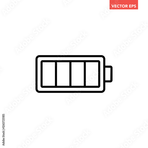 Black single 100% full charge line icons, simple shape battery power source charging flat design infographics vector pictogram, app web button ui interface element isolated on white background