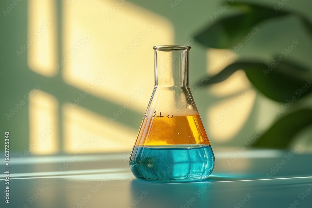 A beaker holds vibrant light blue and yellow liquid, showcasing biochemistry exploration in a well-lit lab environment A beaker holds vibrant light blue and yellow liquid, showcasing biochemistry exploration in a well-lit lab environment