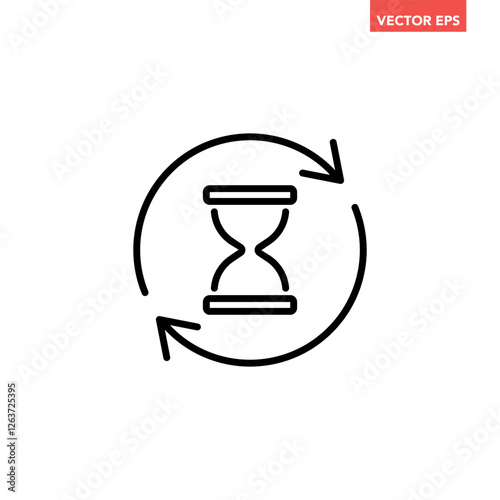 Black single anti aging hourglass line icon, simple standby waiting slow time flat design vector pictogram, infographic interface elements for app logo web button ui ux isolated on white background
