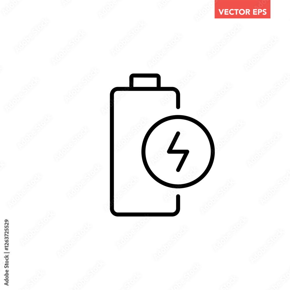 Black single battery charging line icon, simple shape power source flat design pictogram infographics vector pictogram, app web button ui interface element isolated on white background Black single battery charging line icon, simple shape power source flat design pictogram infographics vector pictogram, app web button ui interface element isolated on white background