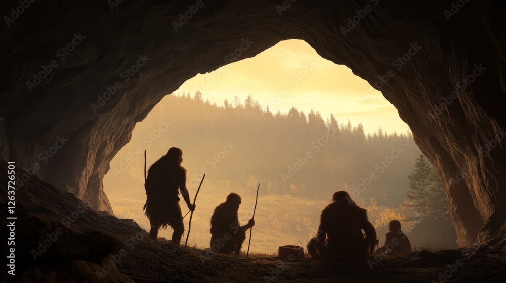 Prehistoric cave dwellers gathering by fire in the dawn. Possible stock use Images for educational resources, history exhibits, or fantasy settings