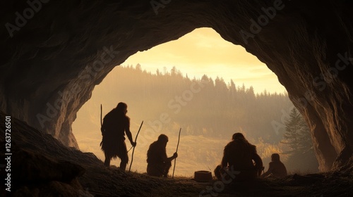Obraz na płótnie Prehistoric cave dwellers gathering by fire in the dawn. Possible stock use Images for educational resources, history exhibits, or fantasy settings w salonie