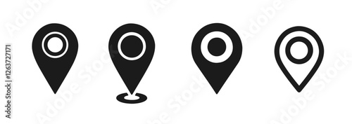 Set map pins vectors, black on white background. 