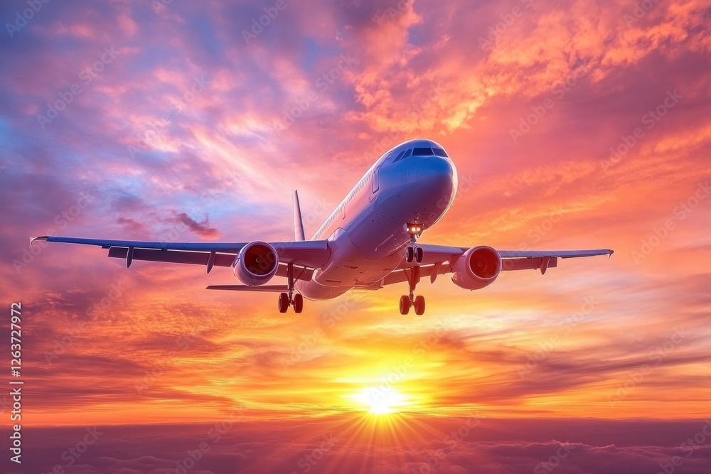 Sunset view of an airplane flying through colorful clouds over the horizon. Generative AI Sunset view of an airplane flying through colorful clouds over the horizon. Generative AI