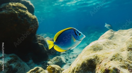 One of the most fascinating underwater fish the Powder Blue Tang Acanthurus leucosternon set against a nature background photo