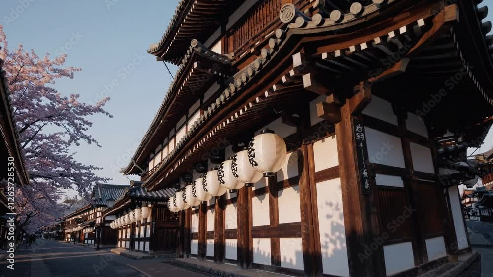 Slow Motion Shot of an 18th Century Japanese City – Traditional Wooden Architecture, Bustling Marketplace, Samurai and Merchants Walking Along Narrow Streets, Paper Lanterns Gently Swaying, Cherry Slow Motion Shot of an 18th Century Japanese City – Traditional Wooden Architecture, Bustling Marketplace, Samurai and Merchants Walking Along Narrow Streets, Paper Lanterns Gently Swaying, Cherry