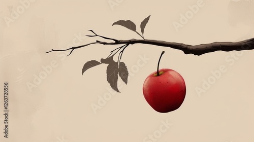 A single red apple hangs delicately on a thin branch with minimalistic, muted tones in the background, evoking simplicity and natural beauty. AI generated.