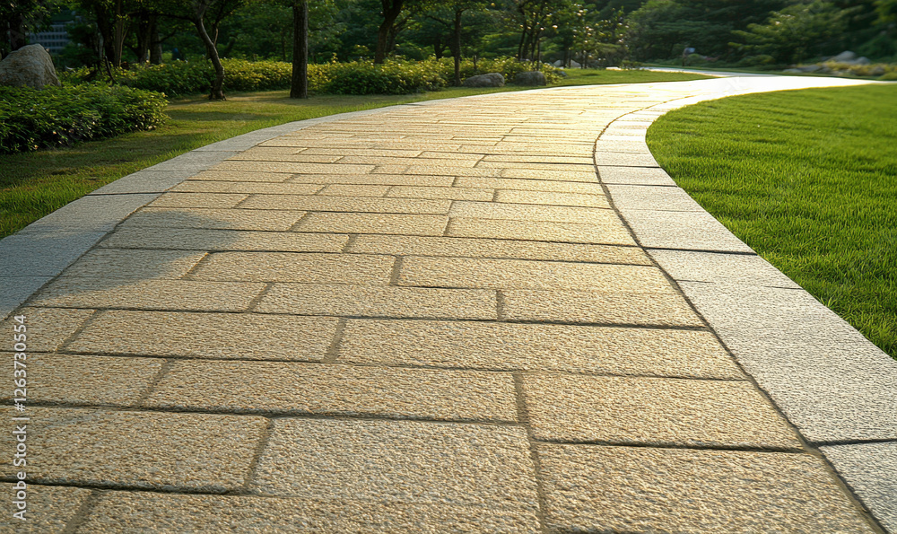 Obraz premium Serene Curved Pathway With Smooth Stone Pavers Surrounded By Lush Green Grass and Trees In A Peaceful Outdoor Setting At Sunset