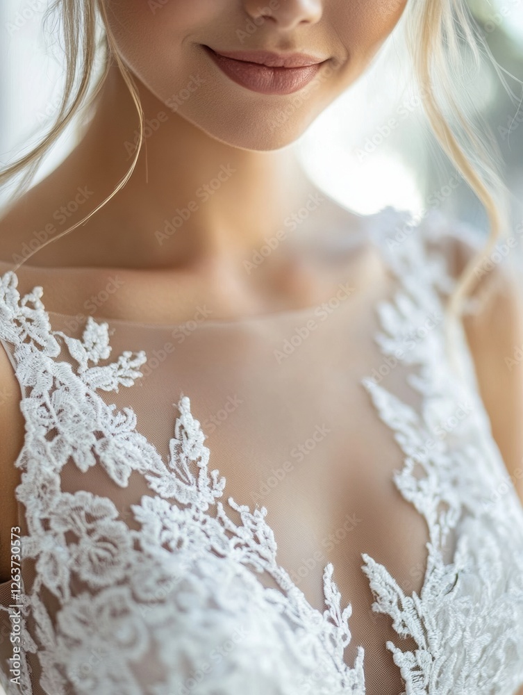 Elegantly crafted lace details on a white wedding dress showcase craftsmanship and design for bridal beauty. Generative AI Elegantly crafted lace details on a white wedding dress showcase craftsmanship and design for bridal beauty. Generative AI