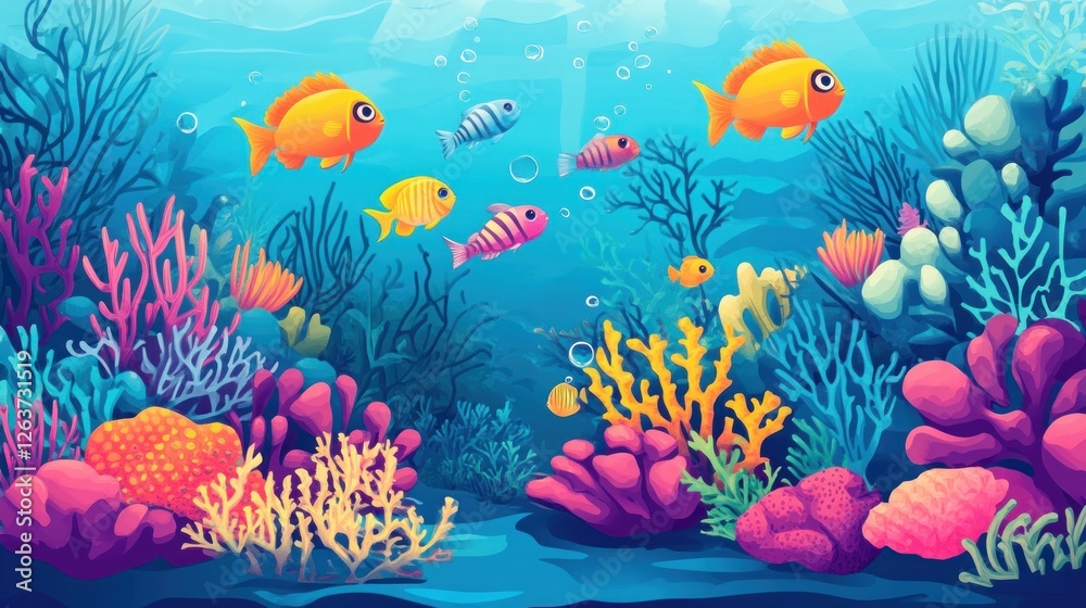 Fototapeta Tropical sea fishes swimming over a coral reef A vibrant underwater marine panorama in an aquarium or oceanarium