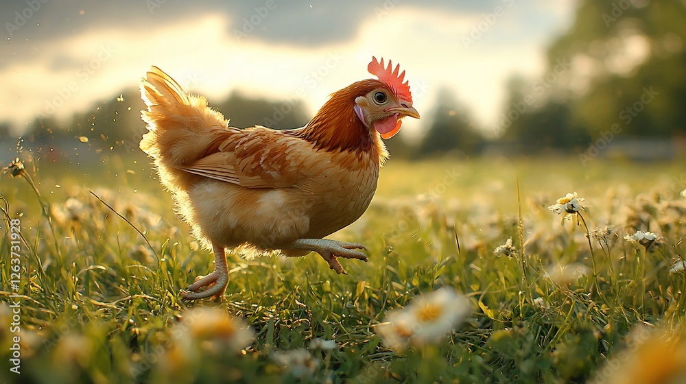 Fototapeta premium A lively chicken running through a sunlit field of daisies, with a serene background