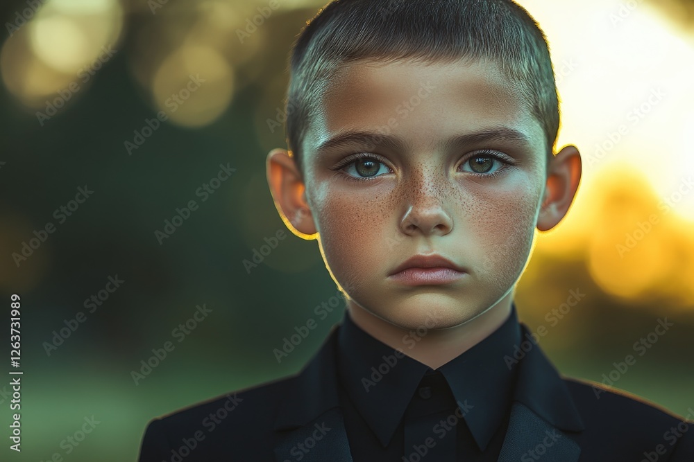 Young boy in formal attire stands confidently during sunset in a serene outdoor setting Young boy in formal attire stands confidently during sunset in a serene outdoor setting