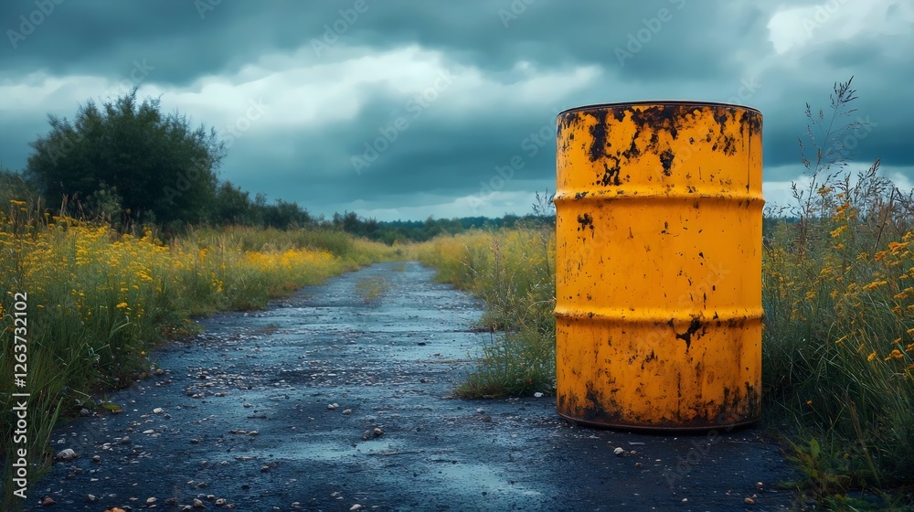 A yellow barrel is sitting on a road in a field A yellow barrel is sitting on a road in a field