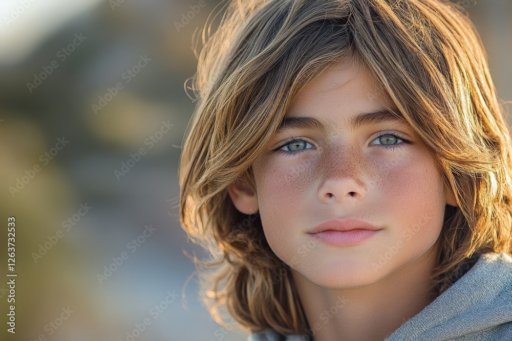 Obraz premium Young boy with wavy hair and striking blue eyes poses outdoors during golden hour