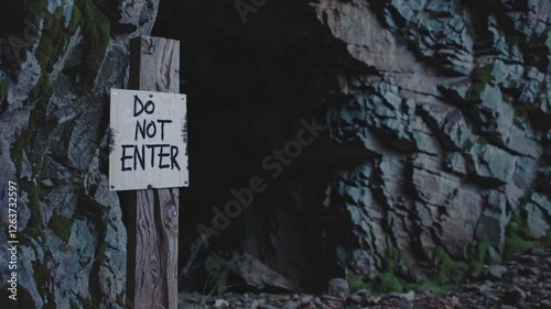 Slow Motion Shot of the Entrance to a Cave with a Hand-Written Sign That Reads 