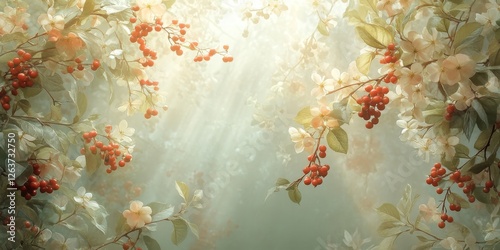 A soft, ethereal background featuring delicate flowers and red berries with gentle light rays filtering through, creating a serene atmosphere