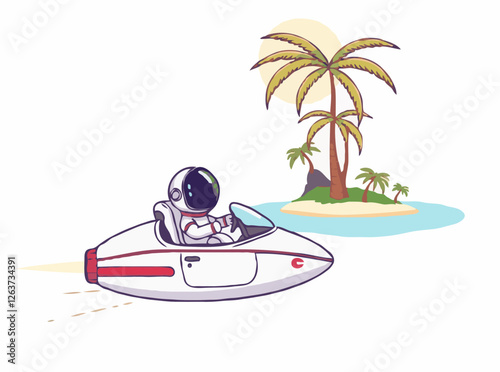 Space Travel: Astronaut in Flying Car Visiting Tropical Island