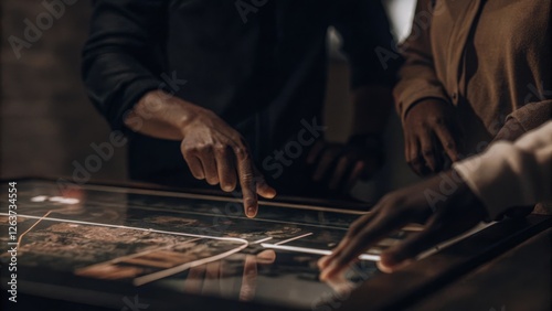 A closeup of a holographic interface showing interactive maps of renewable energy installations with users zooming in and out with hand motions to analyze data points.