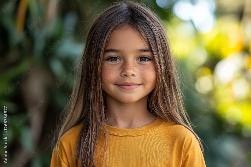 Young girl smiles brightly in a vibrant garden during a sunny day Young girl smiles brightly in a vibrant garden during a sunny day