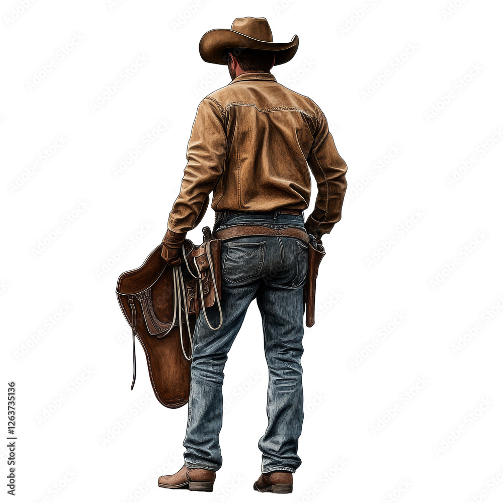 Cowboy holding saddle and rope, rear view, transparent background Cowboy holding saddle and rope, rear view, transparent background