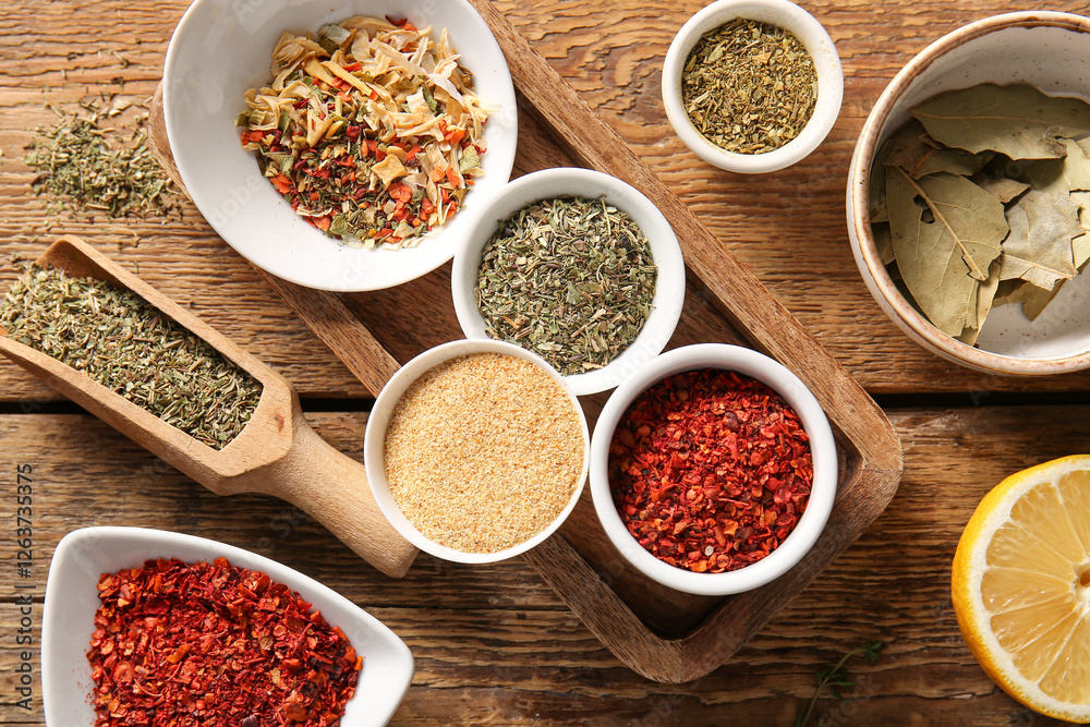 Composition with aromatic spices on wooden table Composition with aromatic spices on wooden table