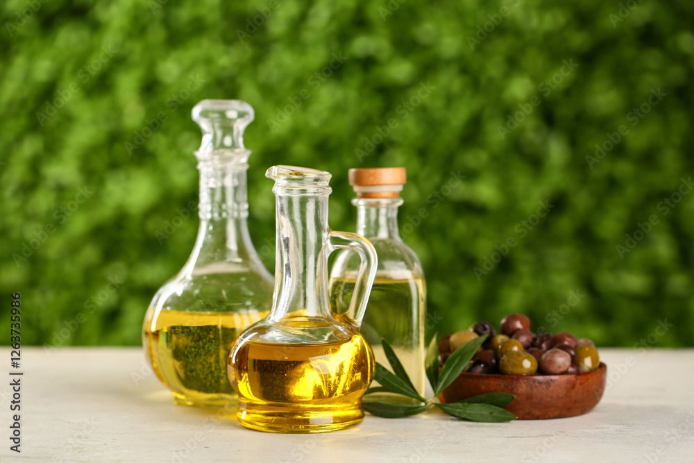Decanters and bottle of fresh olive oil on white table outdoors Decanters and bottle of fresh olive oil on white table outdoors