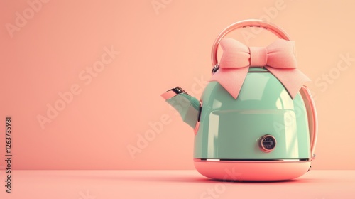A retro-inspired electric kettle in pastel green with a pink bow, exuding charm and elegance. A perfect fit for cozy kitchens and lifestyle photography. AI generated.