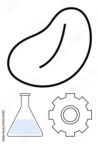 Bean outline above a conical flask and gear symbolizing biology, science, and technology integration. Ideal for sustainability, innovation, scientific progress, engineering, education, design