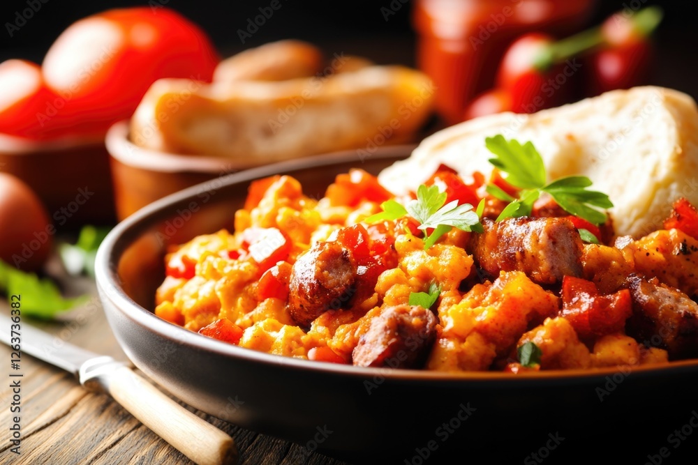 Delicious homemade gnocchi with sausage and peppers in rustic bowl Delicious homemade gnocchi with sausage and peppers in rustic bowl