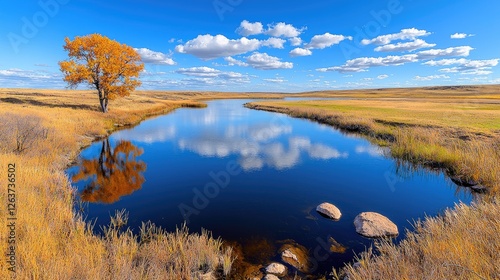 Autumn tree reflecting in calm prairie lake