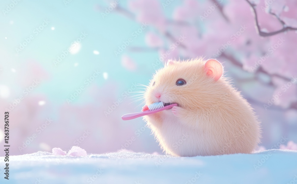 On a mint green background, a cute, playful hamster brushes its teeth in fluffy white snow On a mint green background, a cute, playful hamster brushes its teeth in fluffy white snow