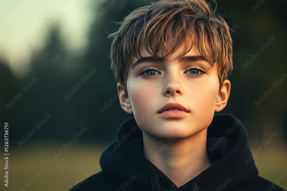 Young person with short hair gazes confidently towards the camera in a natural outdoor setting during golden hour Young person with short hair gazes confidently towards the camera in a natural outdoor setting during golden hour