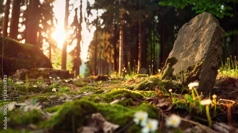 Obraz premium Sunlit forest path with moss-covered rock and wildflowers at sunrise