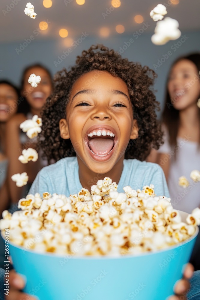 Joyful african child enjoying popcorn with friends at movie night celebration Joyful african child enjoying popcorn with friends at movie night celebration
