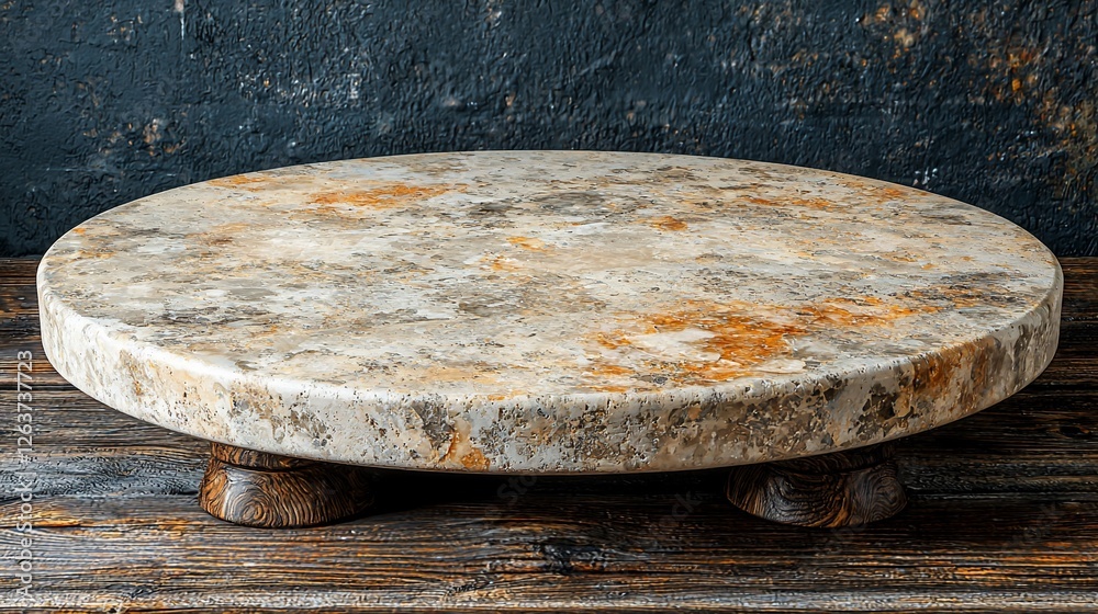 Fototapeta premium Stone round pedestal display on wood, dark background, product placement